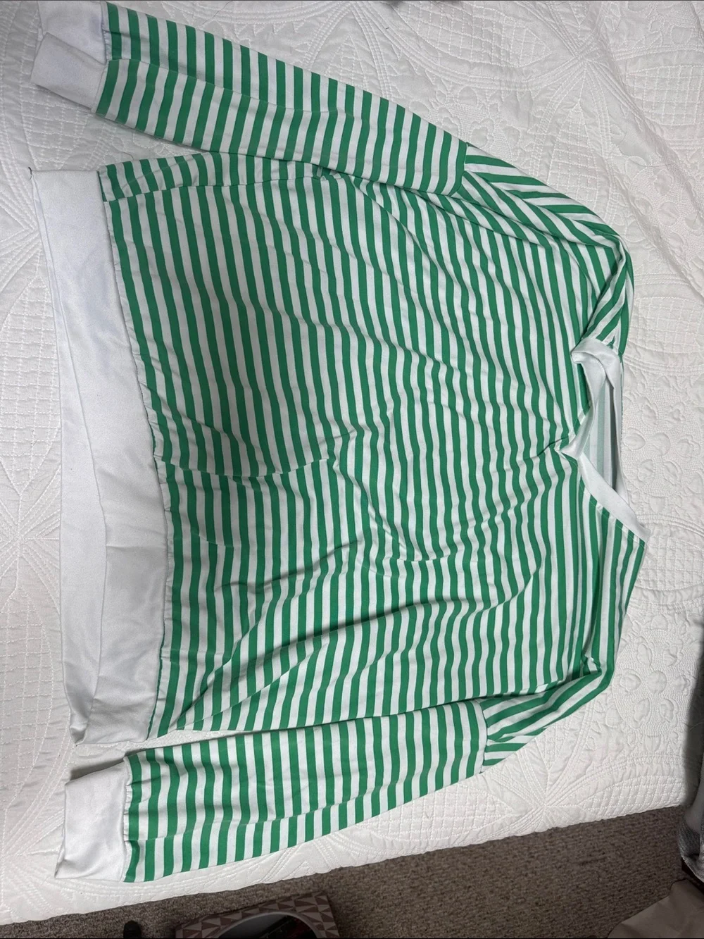 Women’s Green & White Striped Pajama Set - Long Sleeve Top & Shorts -